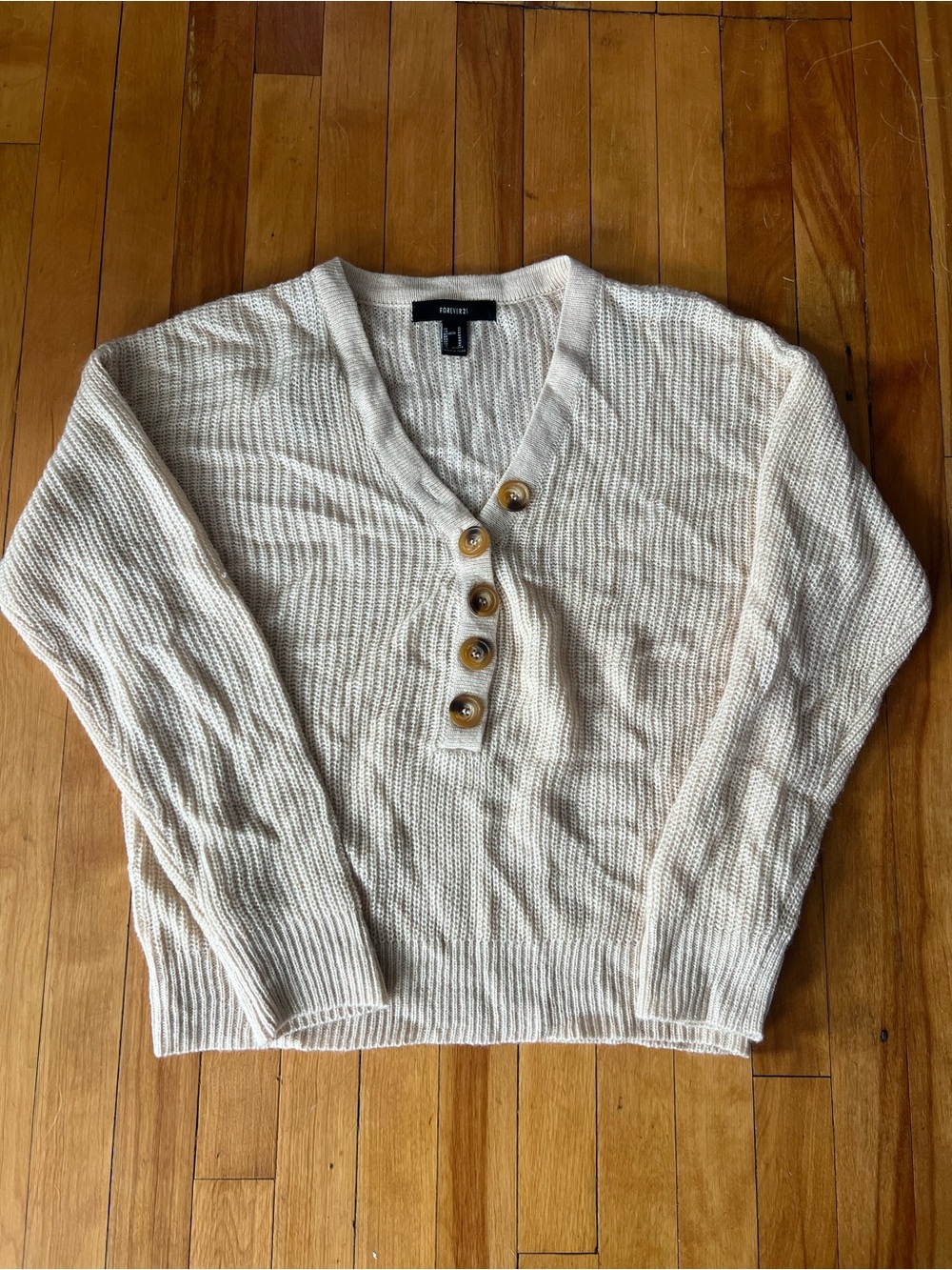 Forever 21 Cream V-Neck Ribbed Sweater with Button Placket